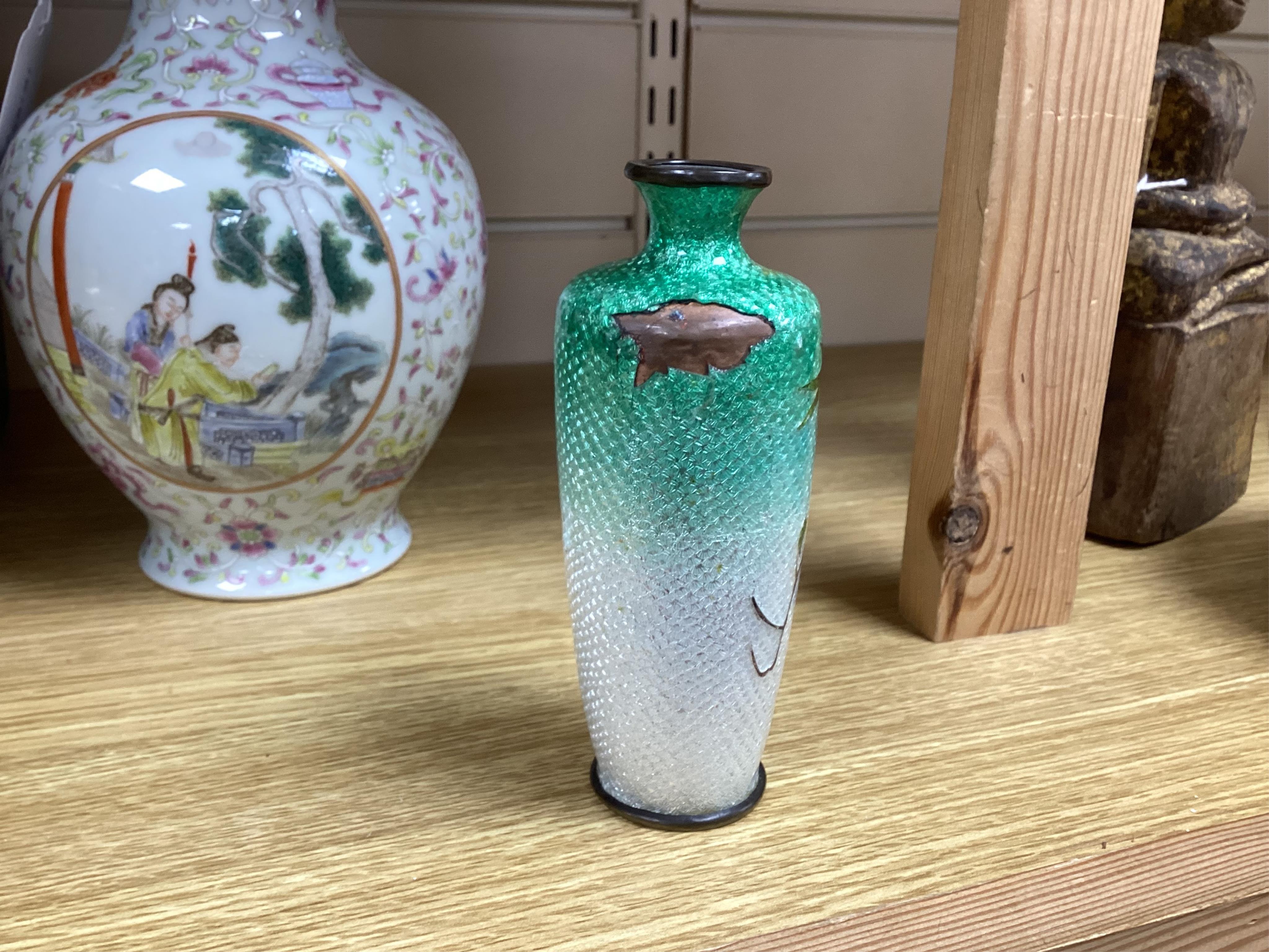 A Chinese famille rose vase, a powder box and an enamelled vase, largest 21cm high